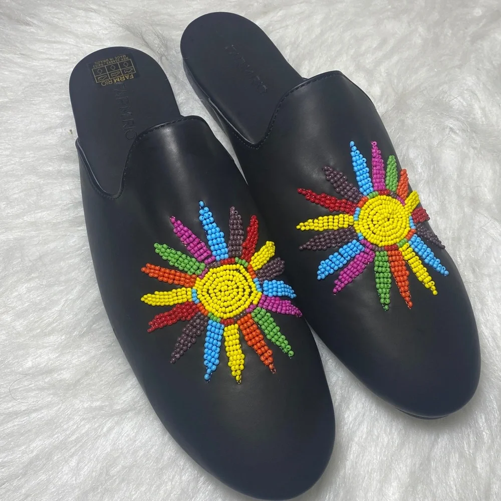 FARM Rio Black Sunshine Flat Mules with Colorful Bead Design Sz 10 - Picture 1 of 10